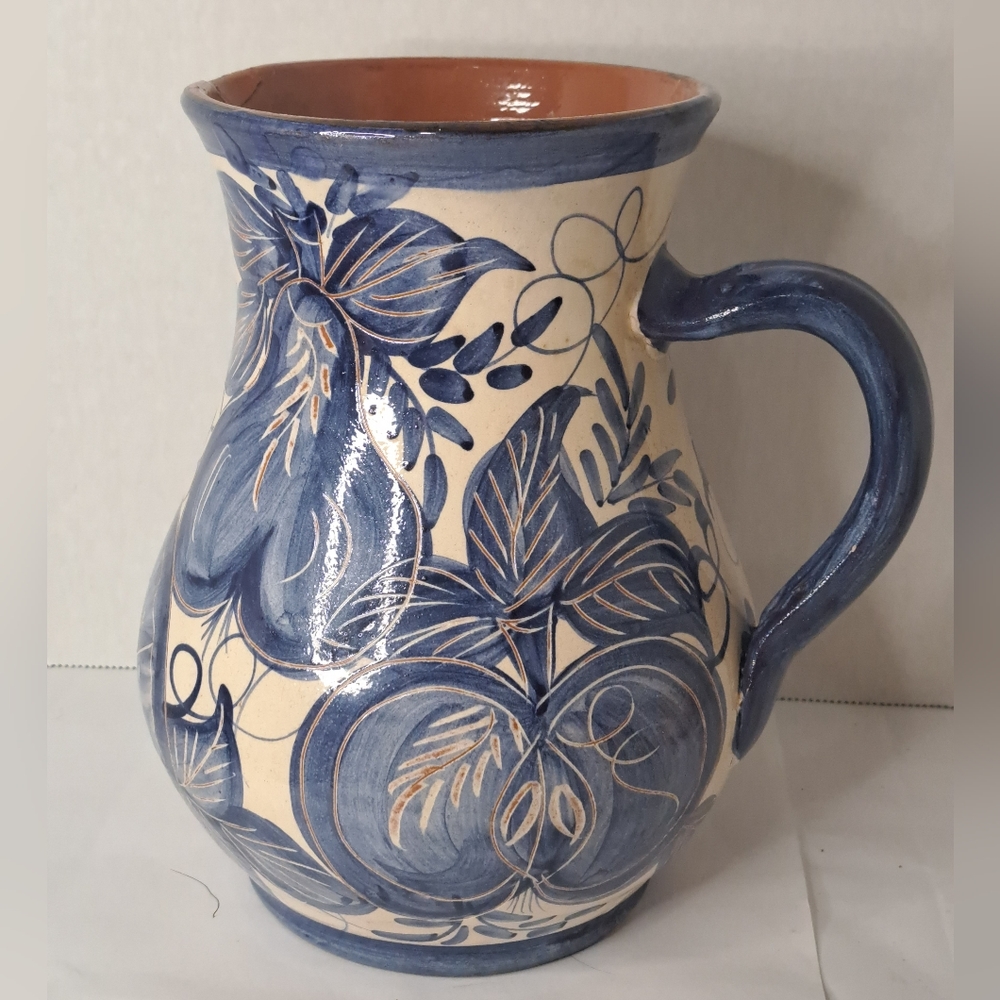 Vintage Ceramic Jug, Made in Portugal, Hand Painted Blue Floral. Red clay.